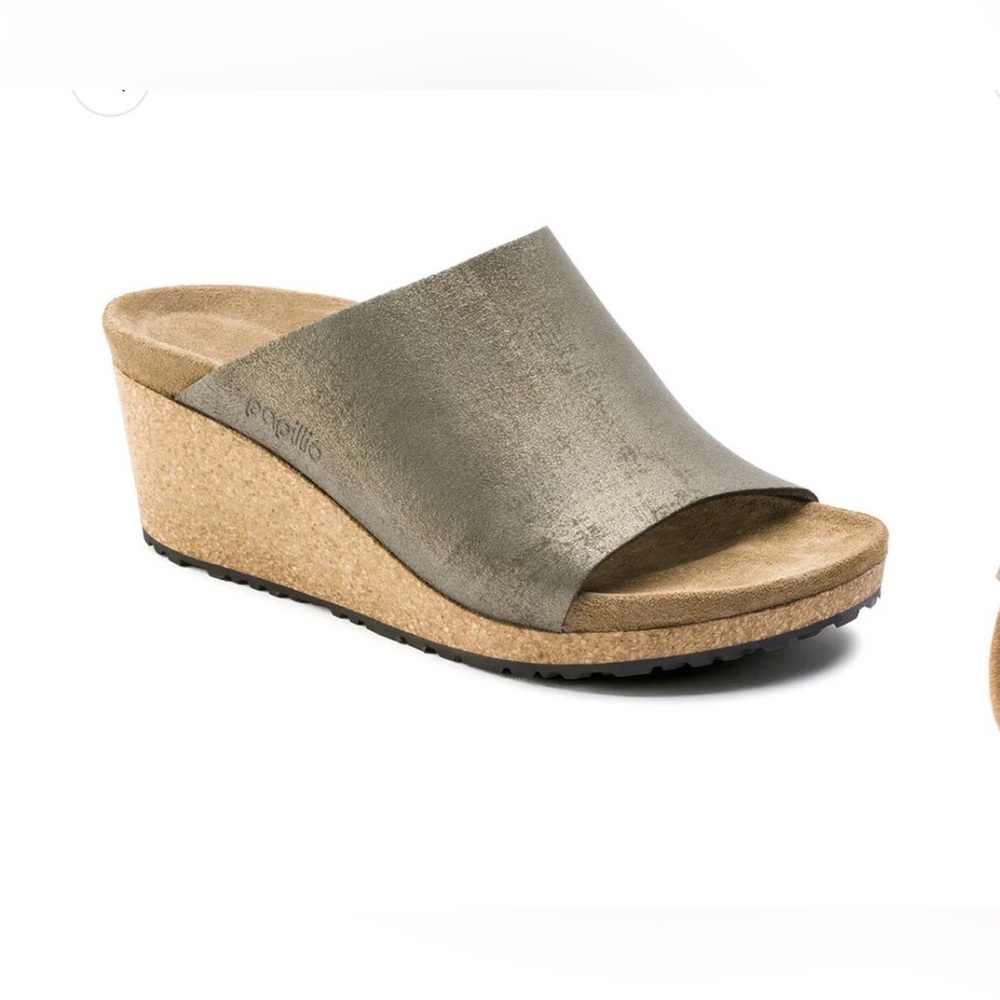 Birkenstock / Papillio Namica Leather Washed Metallic Stone Gold Wedge Slides